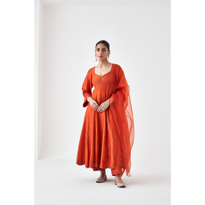 Janki India Rust Silk Dupion Embroidered Anarkali with Pant and Dupatta (Set of 3)