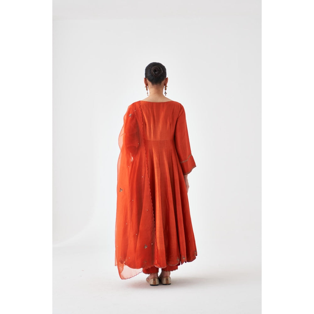 Janki India Rust Silk Dupion Embroidered Anarkali with Pant and Dupatta (Set of 3)