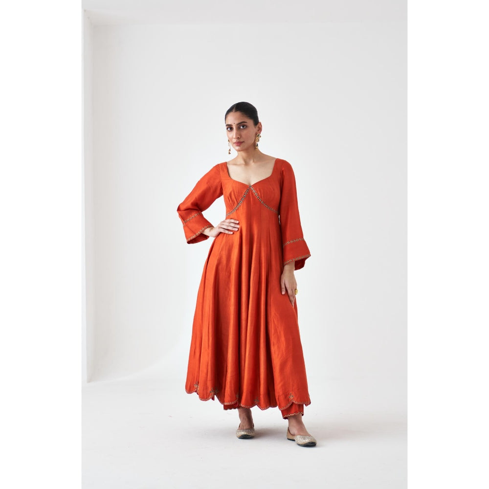 Janki India Rust Silk Dupion Embroidered Anarkali with Pant and Dupatta (Set of 3)