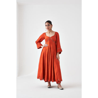 Janki India Rust Silk Dupion Embroidered Anarkali with Pant and Dupatta (Set of 3)