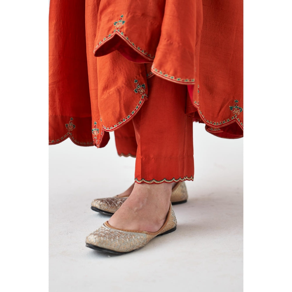 Janki India Rust Silk Dupion Embroidered Anarkali with Pant and Dupatta (Set of 3)