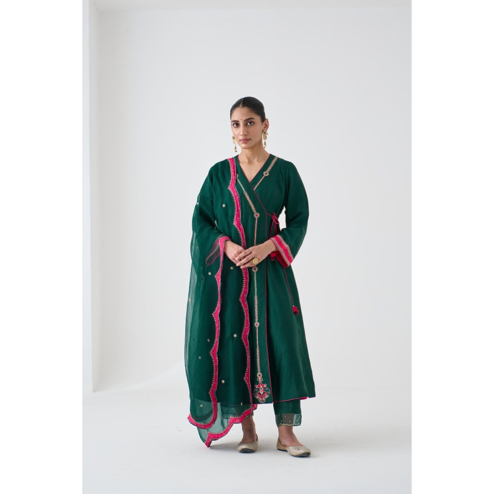 Janki India Dark Green Embroidered Angrakha with Pant and Dupatta (Set of 3)