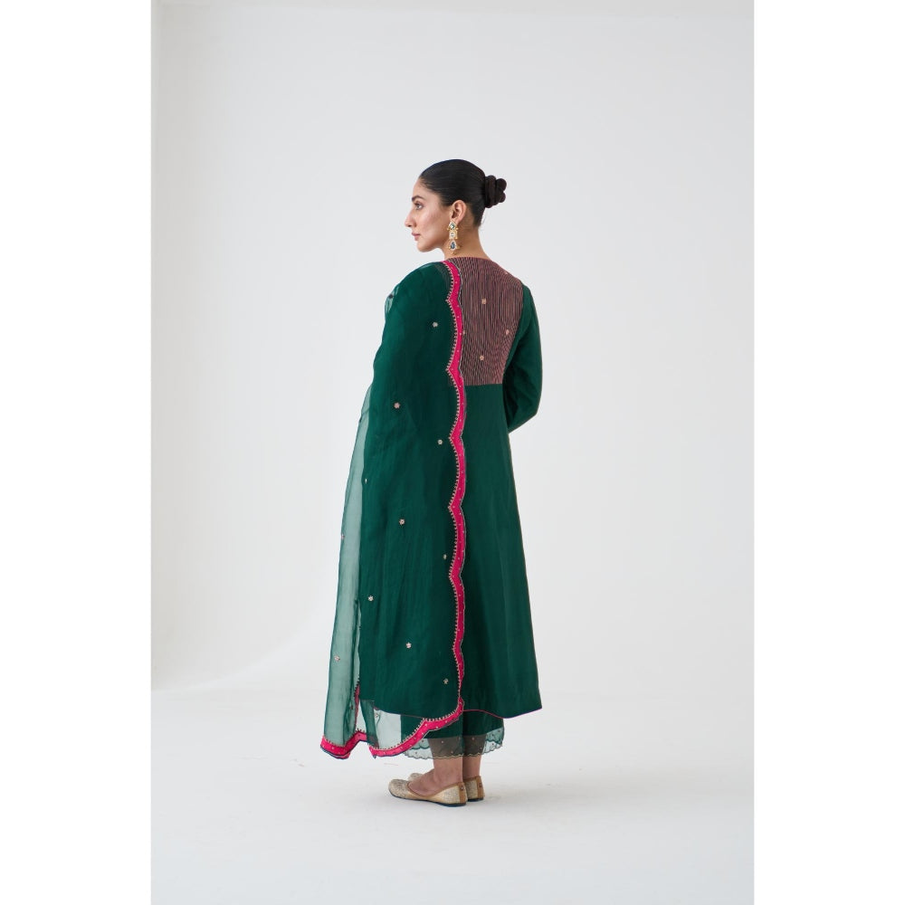 Janki India Dark Green Embroidered Angrakha with Pant and Dupatta (Set of 3)