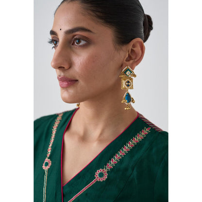 Janki India Dark Green Embroidered Angrakha with Pant and Dupatta (Set of 3)