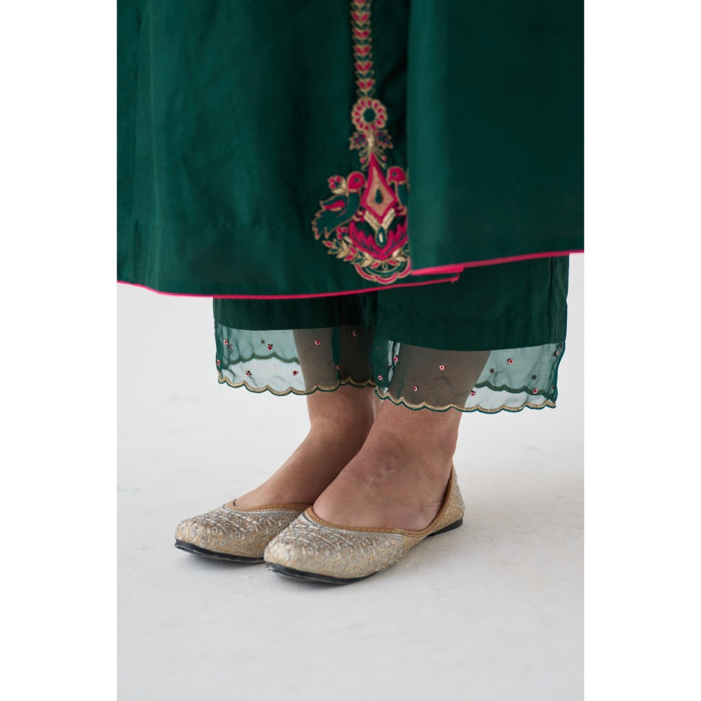 Janki India Dark Green Embroidered Angrakha with Pant and Dupatta (Set of 3)