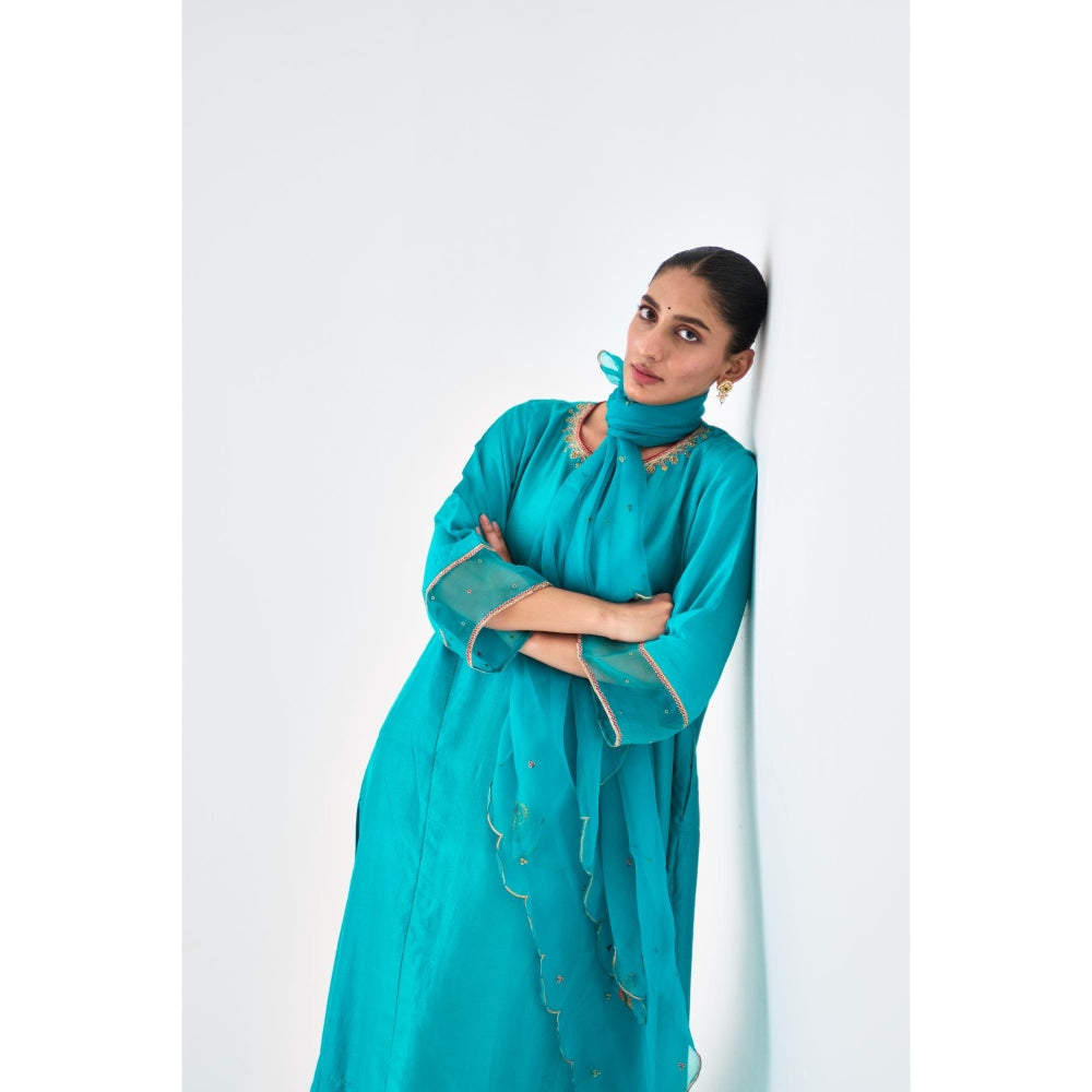 Janki India Turquoise Silk Dupion Embroidered Kurta with Pant and Dupatta (Set of 3)