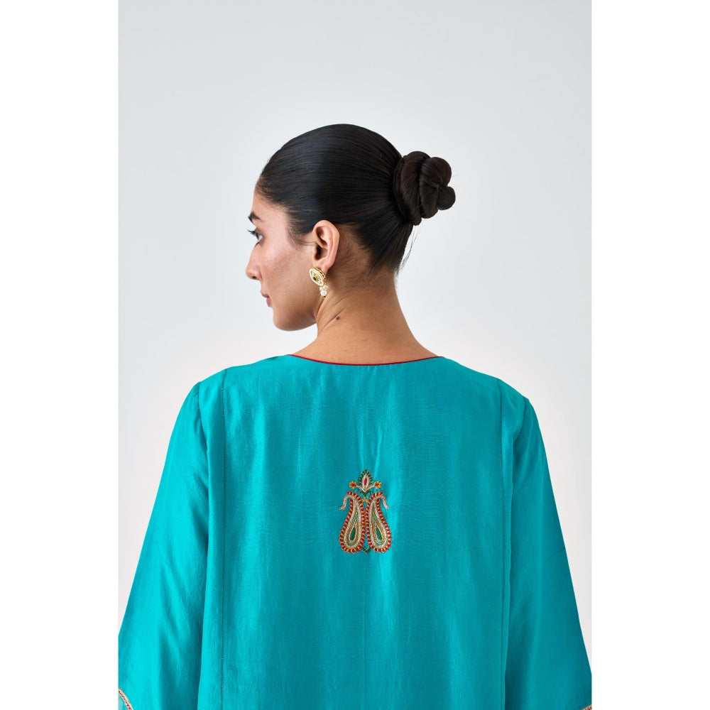 Janki India Turquoise Silk Dupion Embroidered Kurta with Pant and Dupatta (Set of 3)
