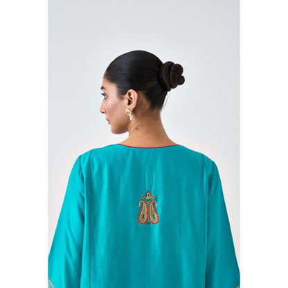 Janki India Turquoise Silk Dupion Embroidered Kurta with Pant and Dupatta (Set of 3)