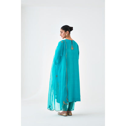 Janki India Turquoise Dupion Silk Embroidered Kurta with Pant and Dupatta (Set of 3)