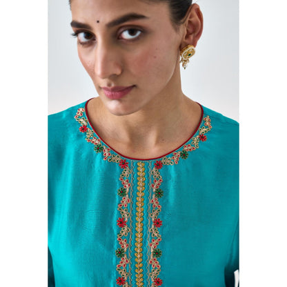 Janki India Turquoise Dupion Silk Embroidered Kurta with Pant and Dupatta (Set of 3)