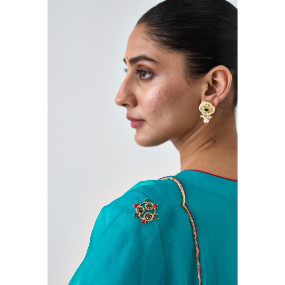 Janki India Turquoise Dupion Silk Embroidered Kurta with Pant and Dupatta (Set of 3)
