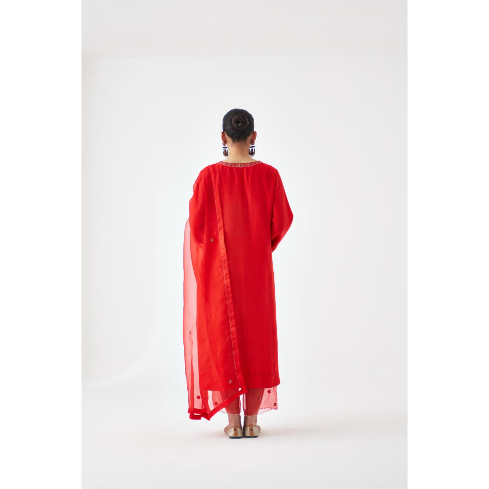 Janki India Red Silk Dupion Embroidered Kurta with Pant and Dupatta (Set of 3)