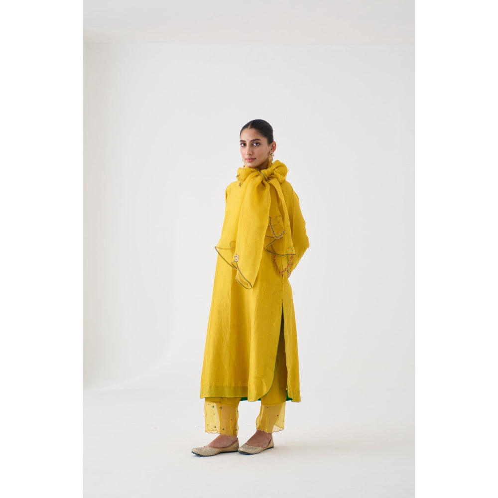 Janki India Yellow Silk Dupion Embroidered Kurta with Pant and Dupatta (Set of 3)
