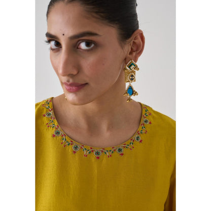 Janki India Yellow Silk Dupion Embroidered Kurta with Pant and Dupatta (Set of 3)