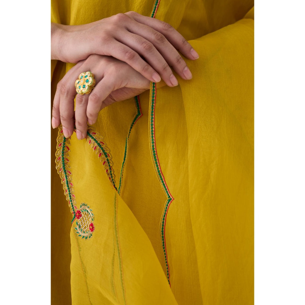 Janki India Yellow Silk Dupion Embroidered Kurta with Pant and Dupatta (Set of 3)