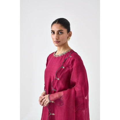 Janki India Wine Silk Dupion Embroidered Kurta with Pant and Dupatta (Set of 3)