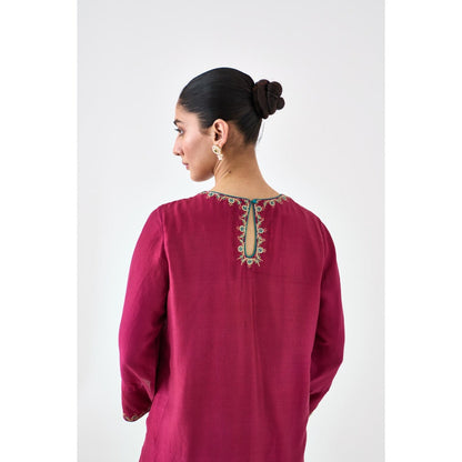 Janki India Wine Silk Dupion Embroidered Kurta with Pant and Dupatta (Set of 3)