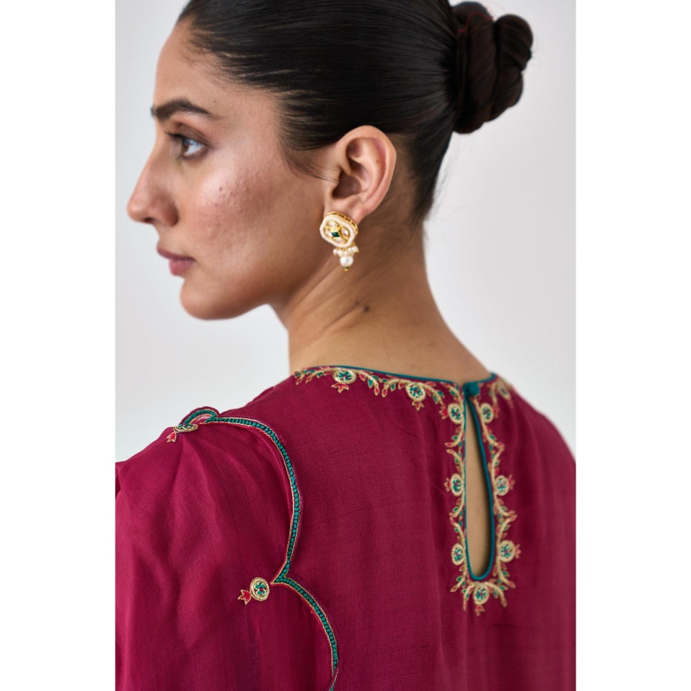 Janki India Wine Silk Dupion Embroidered Kurta with Pant and Dupatta (Set of 3)