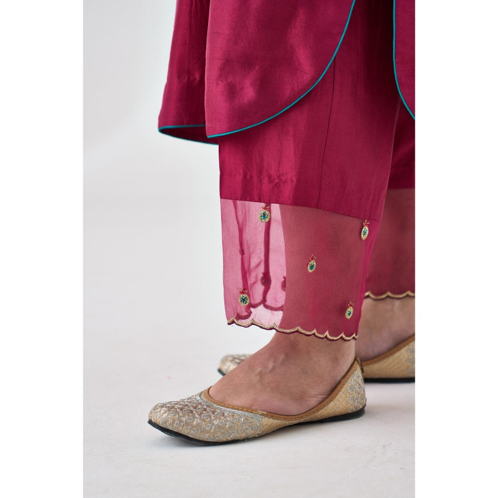 Janki India Wine Silk Dupion Embroidered Kurta with Pant and Dupatta (Set of 3)