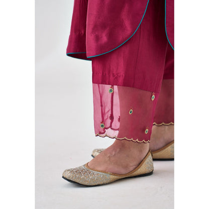 Janki India Wine Silk Dupion Embroidered Kurta with Pant and Dupatta (Set of 3)