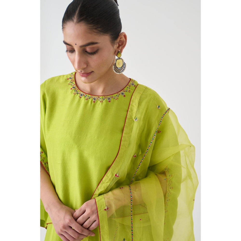 Janki India Lime Green Dupion Silk Embroidered Kurta with Pant and Dupatta (Set of 3)