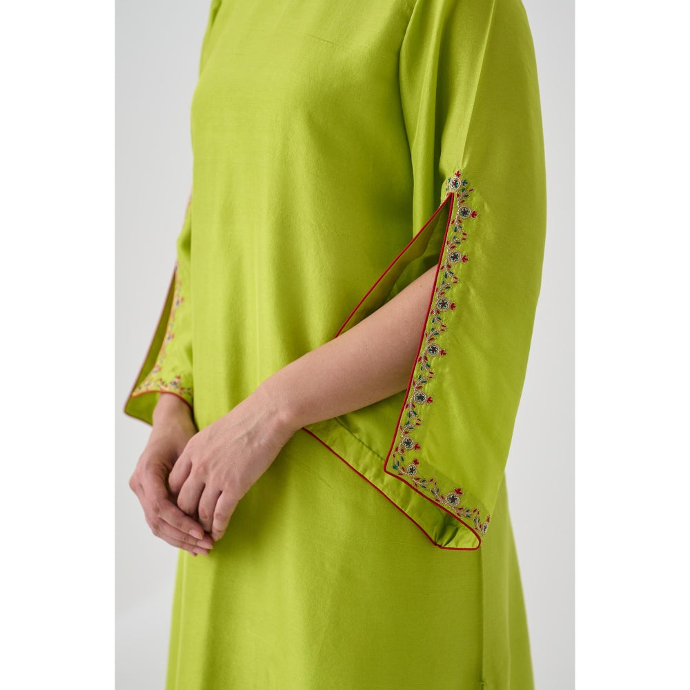 Janki India Lime Green Dupion Silk Embroidered Kurta with Pant and Dupatta (Set of 3)