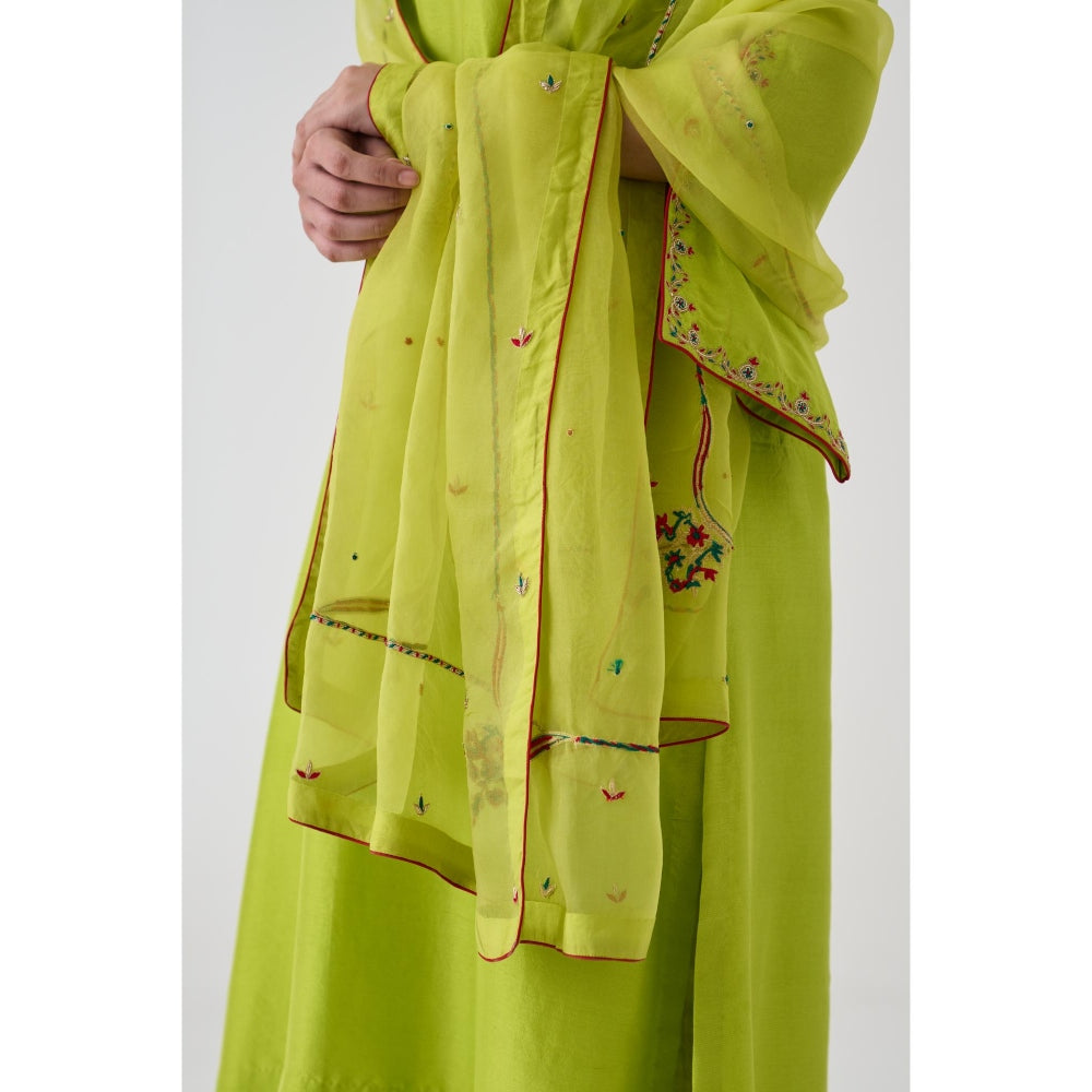Janki India Lime Green Dupion Silk Embroidered Kurta with Pant and Dupatta (Set of 3)