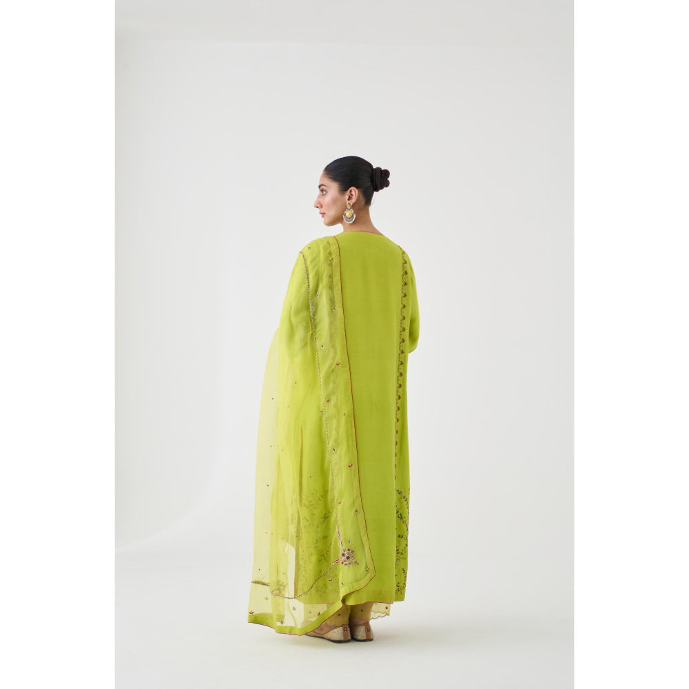 Janki India Lime Green Dupion Silk Embroidered Kurta with Pant and Dupatta (Set of 3)