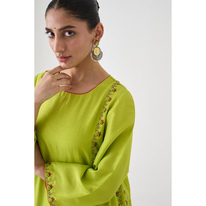 Janki India Lime Green Dupion Silk Embroidered Kurta with Pant and Dupatta (Set of 3)