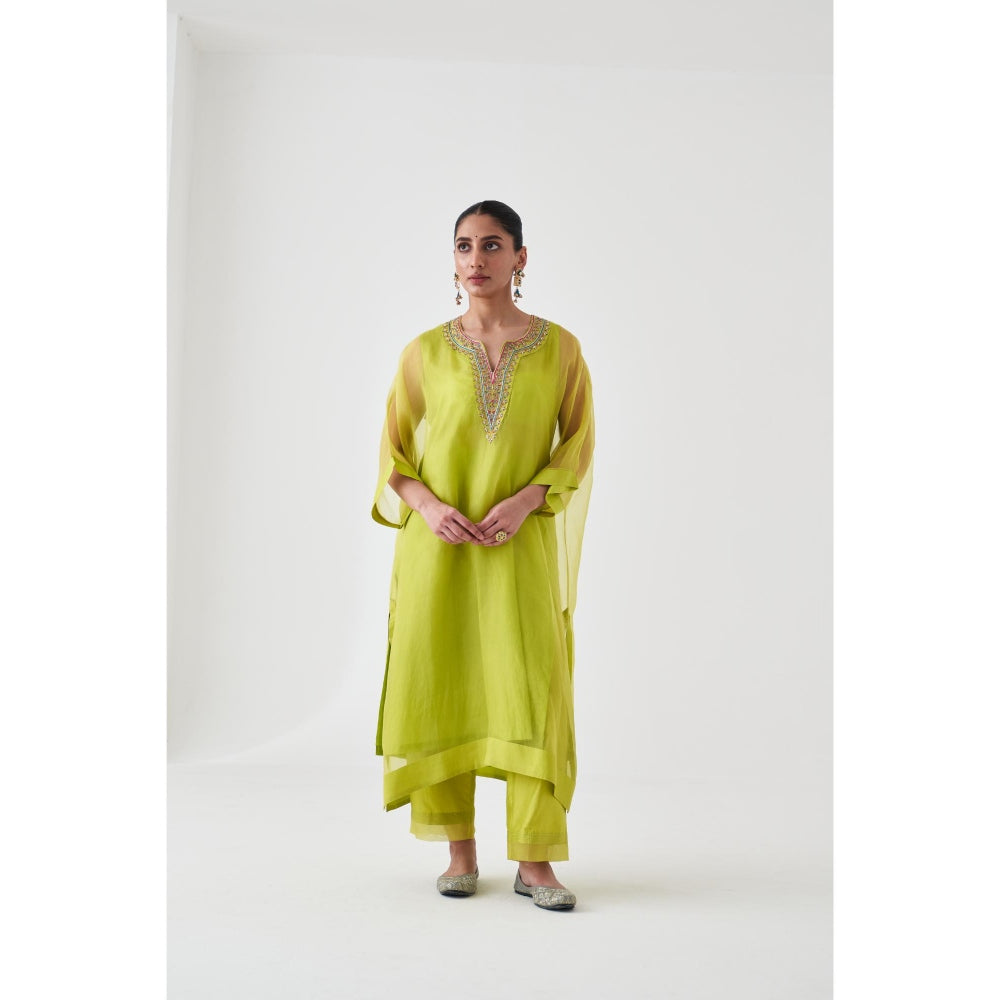 Janki India Lime Green Organza Embroidered Kaftan with Slip and Pant (Set of 3)
