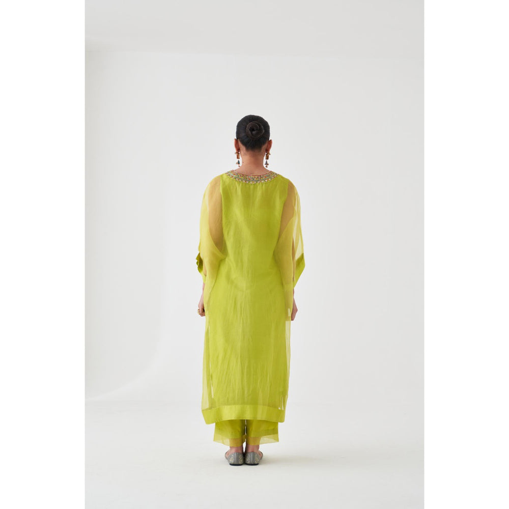 Janki India Lime Green Organza Embroidered Kaftan with Slip and Pant (Set of 3)