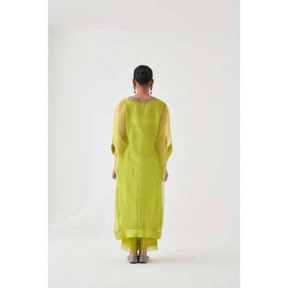 Janki India Lime Green Organza Embroidered Kaftan with Slip and Pant (Set of 3)