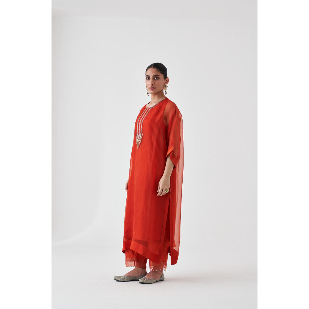Janki India Rust Organza Embroidered Kaftan with Slip and Pant (Set of 3)