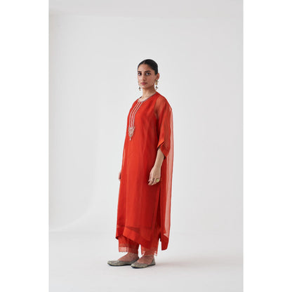 Janki India Rust Organza Embroidered Kaftan with Slip and Pant (Set of 3)