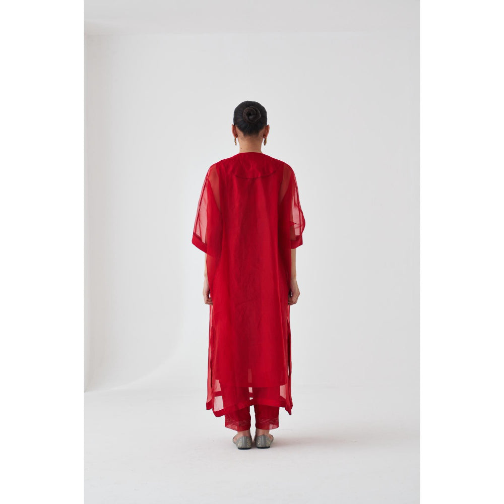 Janki India Red Organza Embroidered Kaftan with Slip and Pant (Set of 3)
