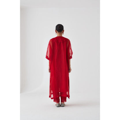 Janki India Red Organza Embroidered Kaftan with Slip and Pant (Set of 3)
