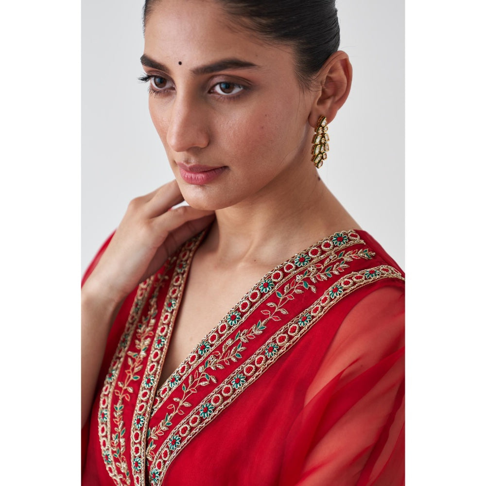 Janki India Red Organza Embroidered Kaftan with Slip and Pant (Set of 3)