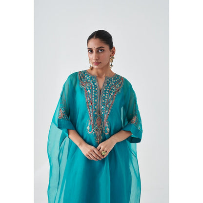 Janki India Turquoise Organza Embroidered Kaftan with Slip and Pant (Set of 3)
