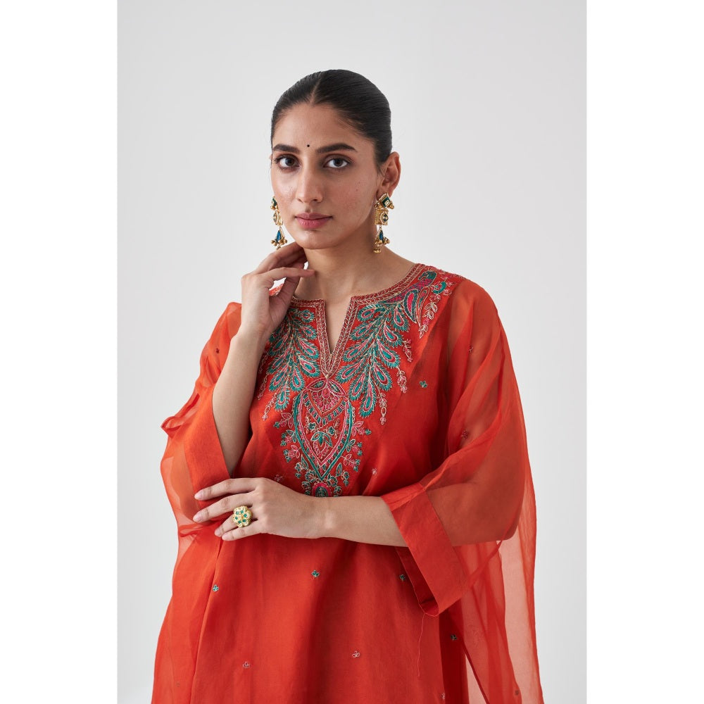 Janki India Rust Organza Embroidered Kaftan with Slip and Pant (Set of 3)