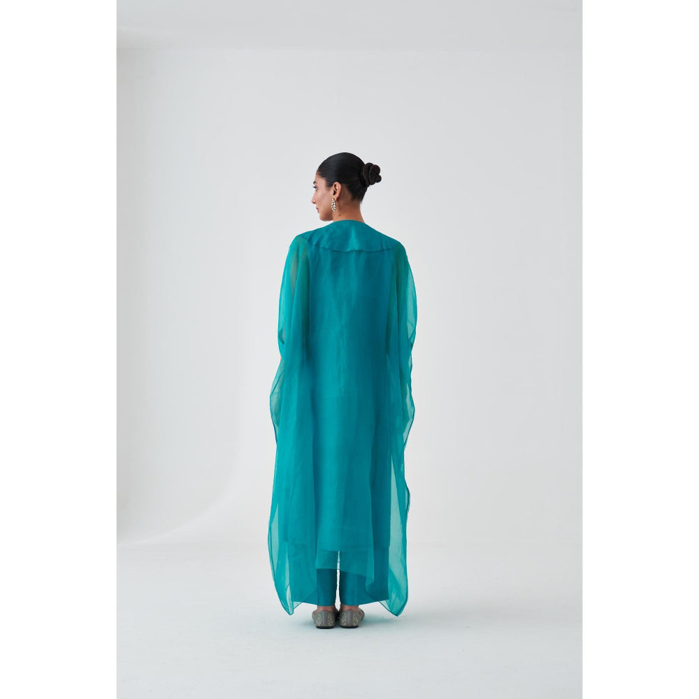 Janki India Turquoise Organza Embroidered Kaftan with Slip and Pant (Set of 3)