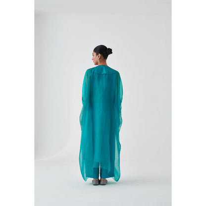 Janki India Turquoise Organza Embroidered Kaftan with Slip and Pant (Set of 3)