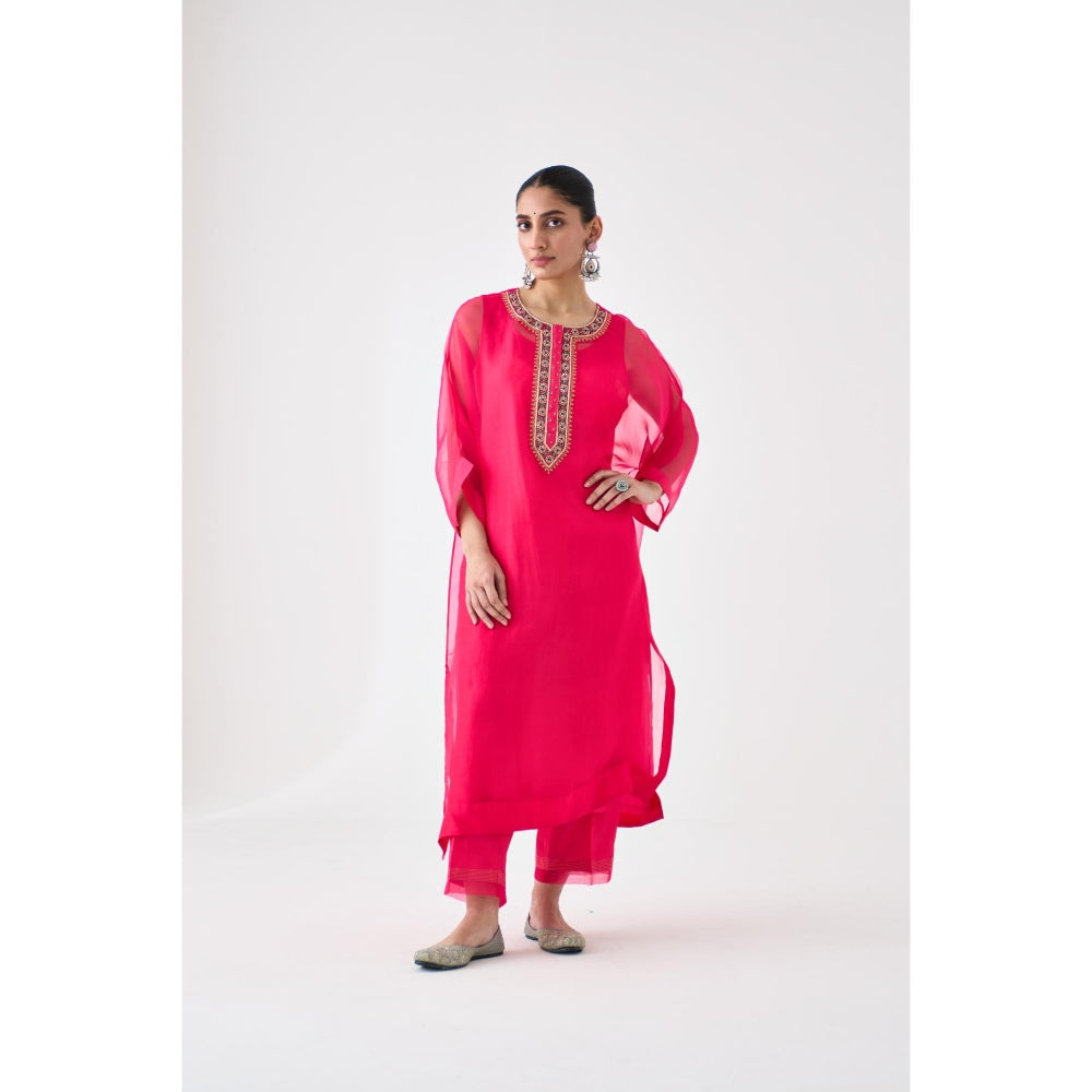 Janki India Fuchsia Organza Embroidered Kaftan with Slip and Pant (Set of 3)
