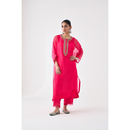 Janki India Fuchsia Organza Embroidered Kaftan with Slip and Pant (Set of 3)