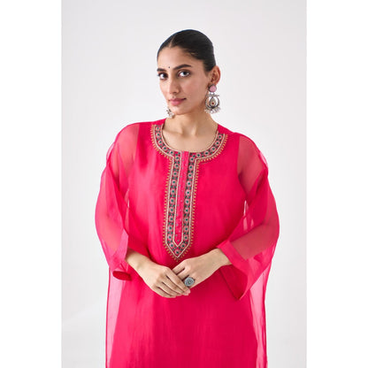 Janki India Fuchsia Organza Embroidered Kaftan with Slip and Pant (Set of 3)