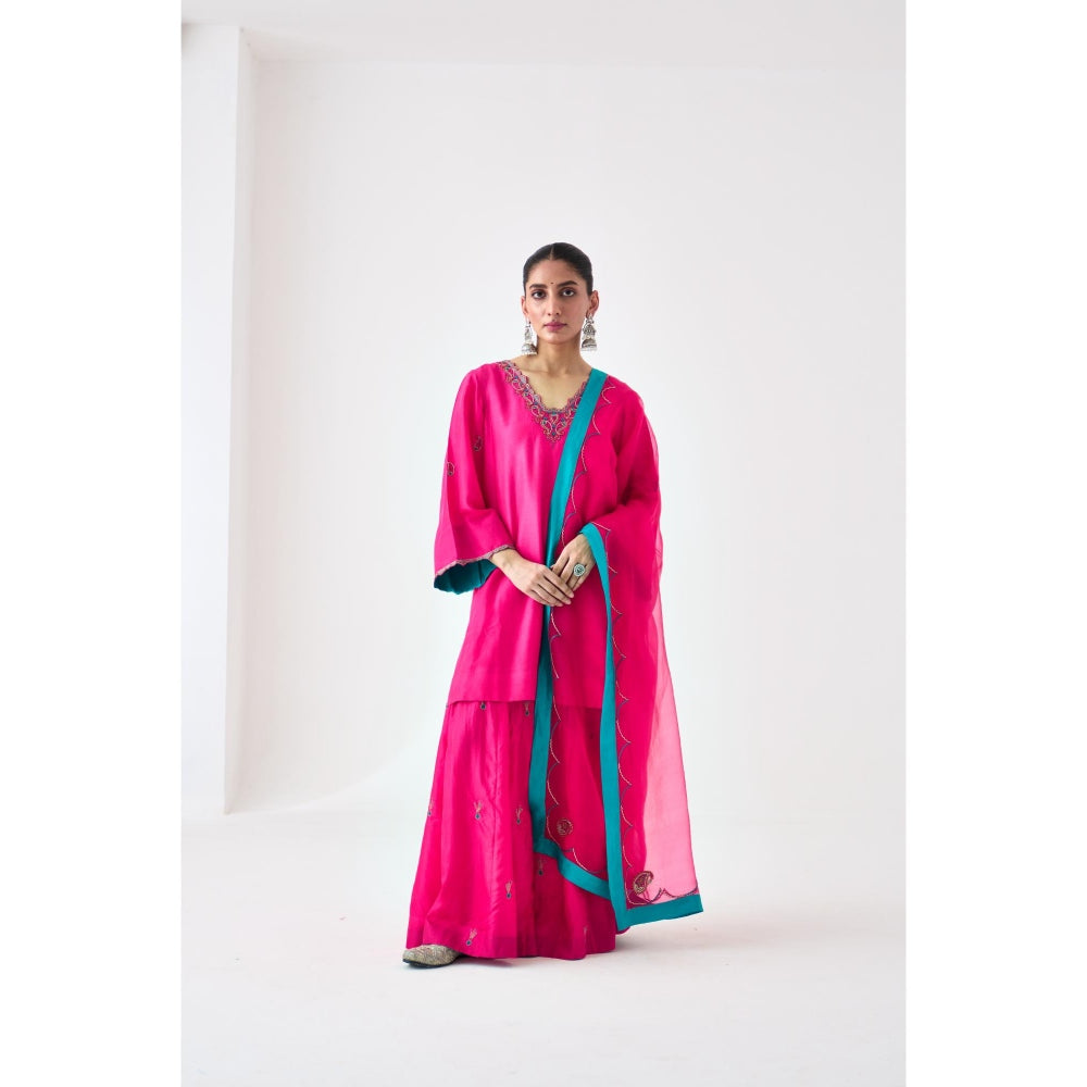 Janki India Fuchsia Silk Dupion Embroidered Short Kurta with Sharara and Dupatta (Set of 3)