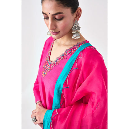 Janki India Fuchsia Silk Dupion Embroidered Short Kurta with Sharara and Dupatta (Set of 3)