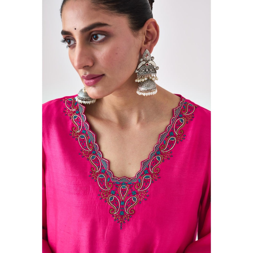 Janki India Fuchsia Silk Dupion Embroidered Short Kurta with Sharara and Dupatta (Set of 3)