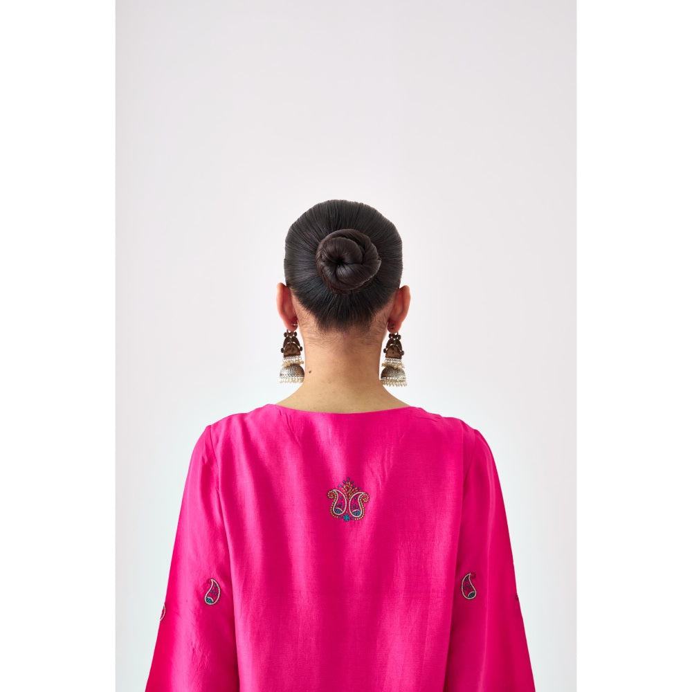 Janki India Fuchsia Silk Dupion Embroidered Short Kurta with Sharara and Dupatta (Set of 3)