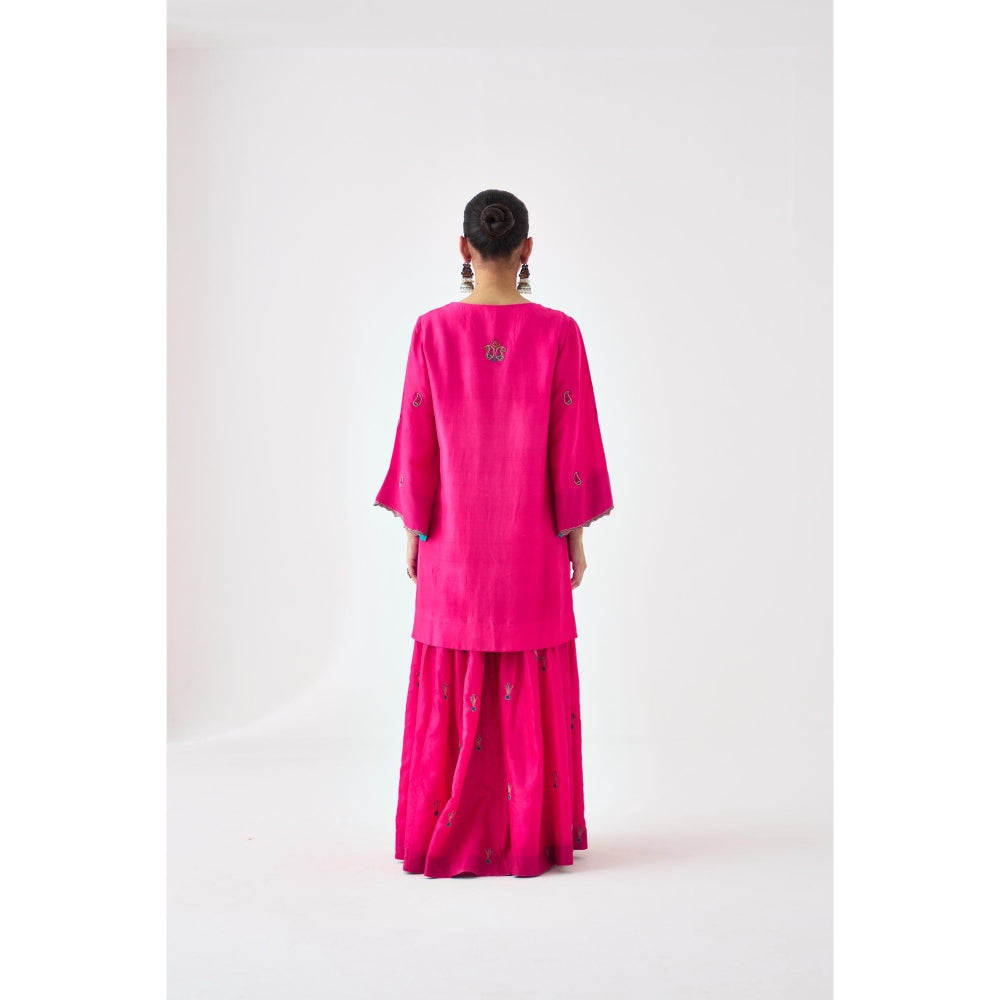 Janki India Fuchsia Silk Dupion Embroidered Short Kurta with Sharara and Dupatta (Set of 3)