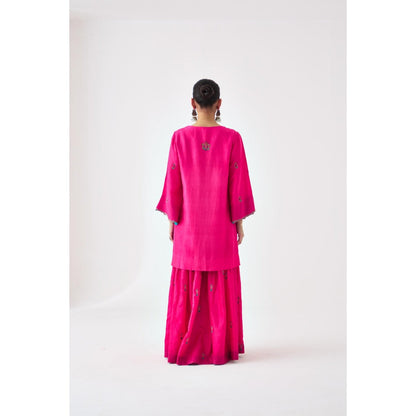 Janki India Fuchsia Silk Dupion Embroidered Short Kurta with Sharara and Dupatta (Set of 3)